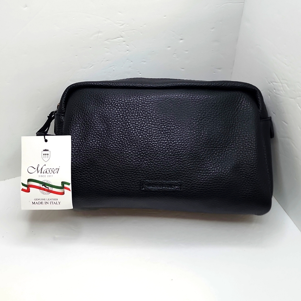 MASSEI, GENUINE LEATHER, MADE IN ITALY, MEN’S TOILETRY BAG, HAND MADE BLACK